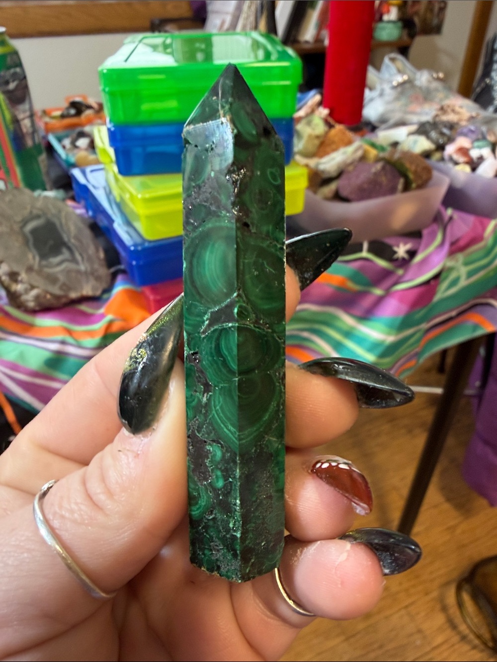 Hand Crafted Dark Green Malachite Tower Accent